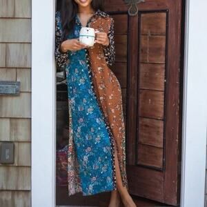 Natural Life Esme Turquoise Mixed Floral Duster Button Down Flowy Maxi Dress